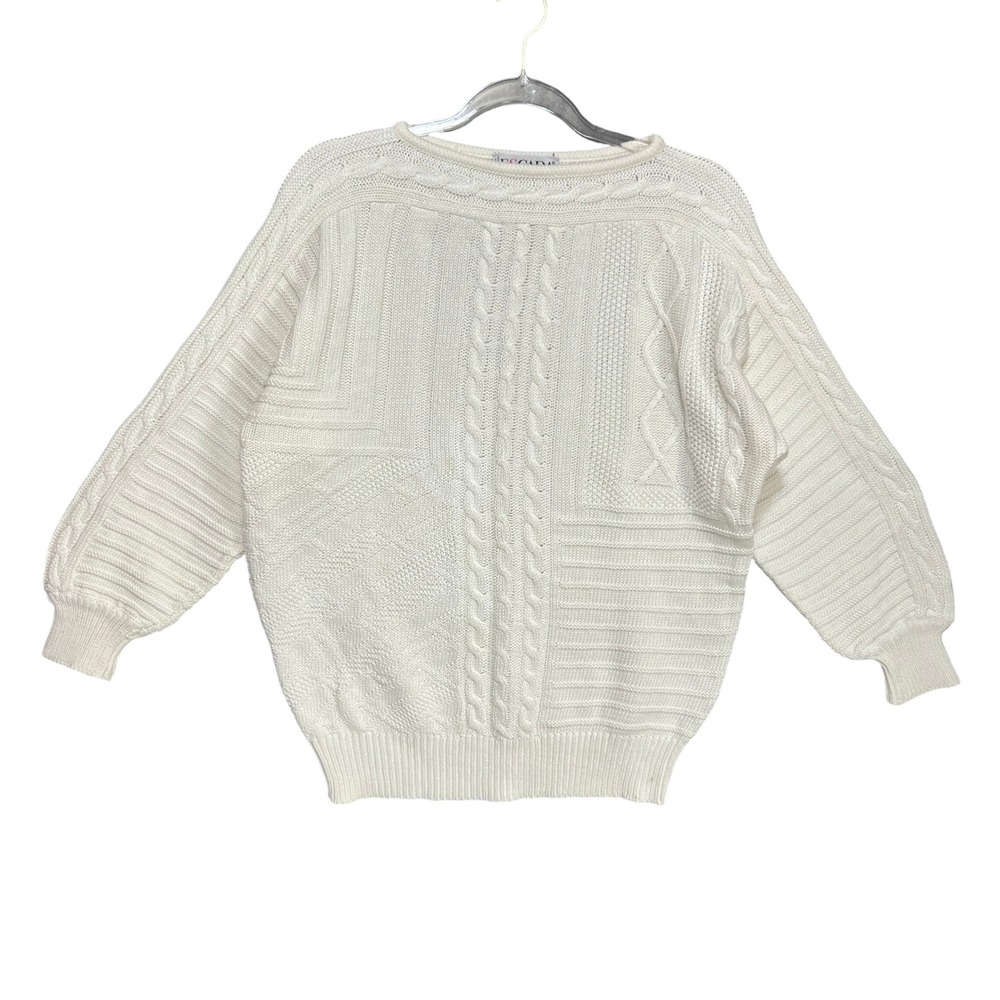 Escada VTG Geometric Cable Knit Sweater White Germany Rolled Neck Chunky Slouchy
